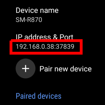 IP and port for connecting in Wireless debugging